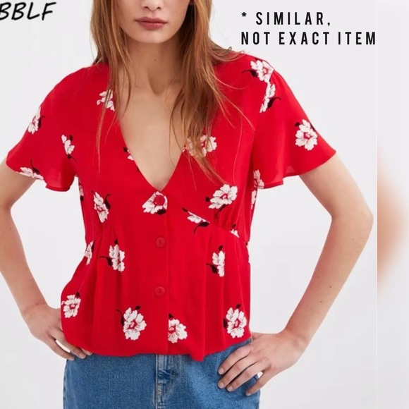 Zara Tops - Zara red floral v-neck blouse [Free add on with purchase]